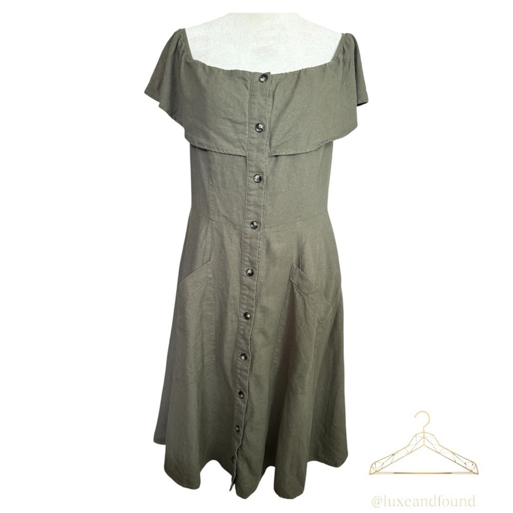 Saks Fifth Avenue Linen Blend Off Shoulder Dress 12 Khaki Green Button Front Mid